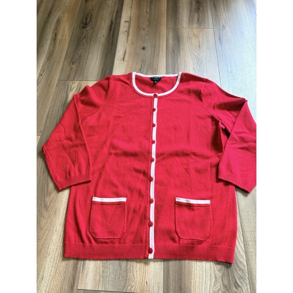 Talbots Petites Women's Medium Cardigan Sweater Red Lima Cotton Stretch